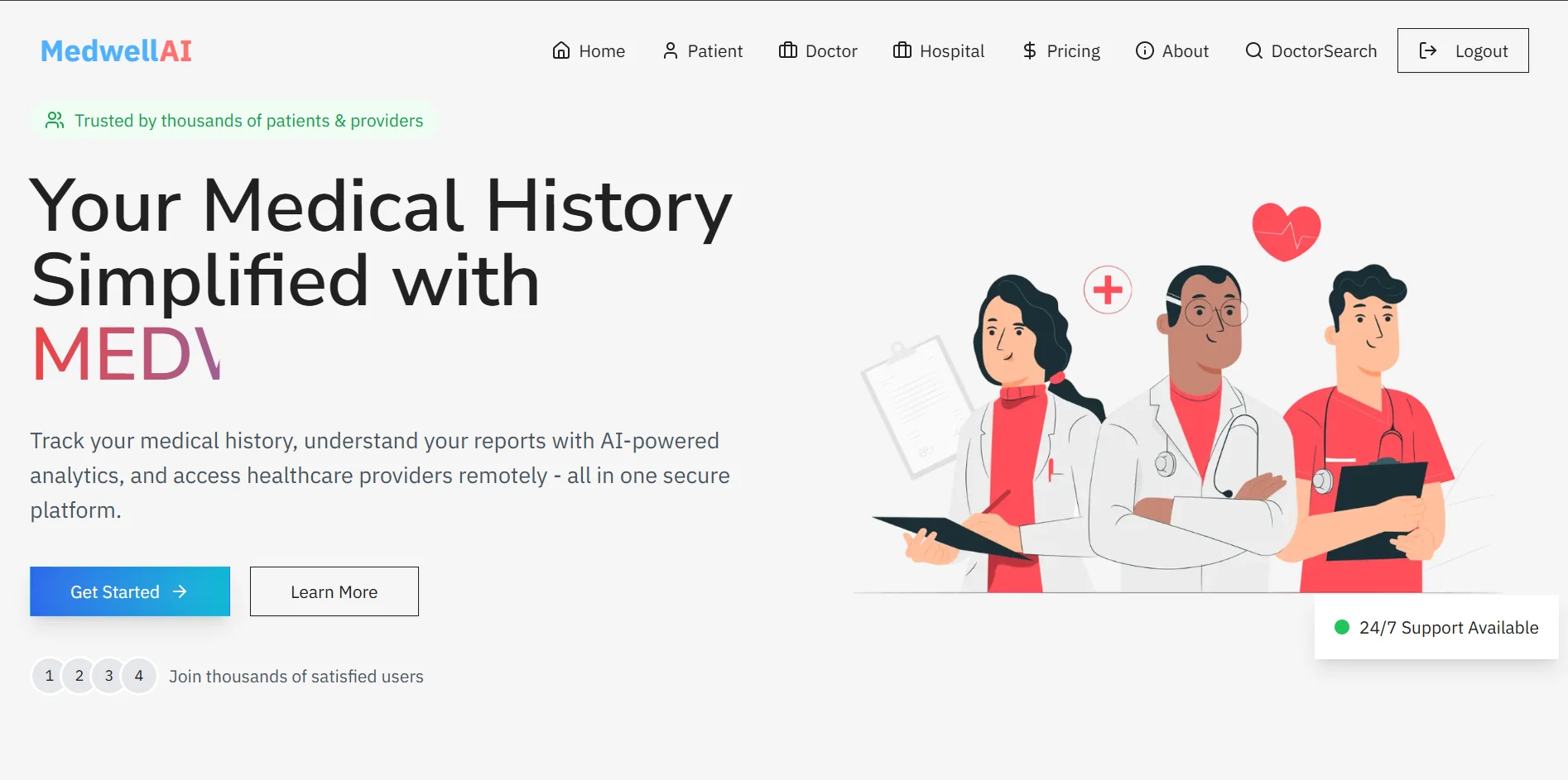 The supplied MedWell v2 homepage, with medical illustrations and navigation for patients, doctors, and hospitals.